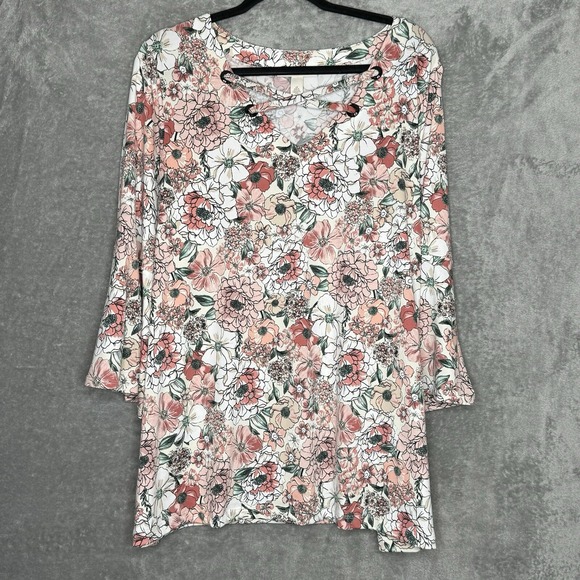 Emaline Tops - Emaline 1X Top Shirt Pink Floral Bell 3/4 Sleeve Stretch Criss Cross V Neck